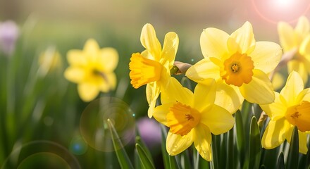Obraz premium Close-up of yellow daffodils with orange centers, soft light, bokeh, and green leaves