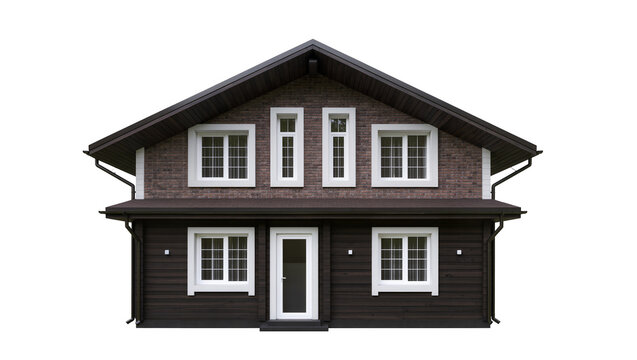 Dark brown two-story house with white window frames and roof overhang