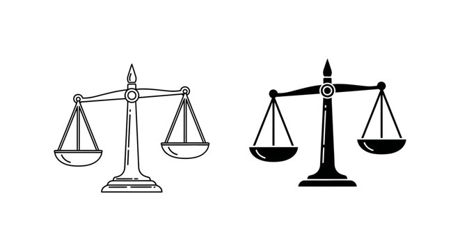 Traditional scales of justice in line art and solid black silhouette for legal and judicial branding