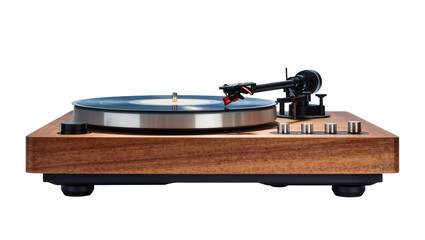 Vintage wooden turntable record player with black tone arm and platter © Lena