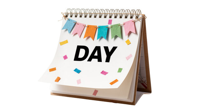 Flipped desk calendar with Day text and colorful paper pennant garland