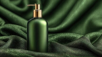 Naklejka premium Elegant Green Bottle Dispenser with Golden Accents on Luxurious Fabric