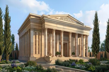 Obraz premium Neoclassical building featuring columns, a grand entrance, and meticulously maintained gardens, evoking timeless elegance and architectural splendor