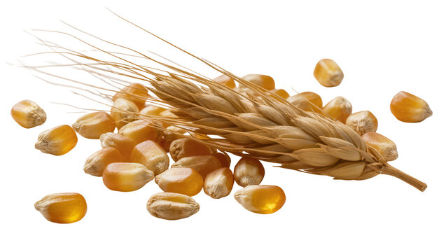 Golden ripe corn kernels and stalks close-up view