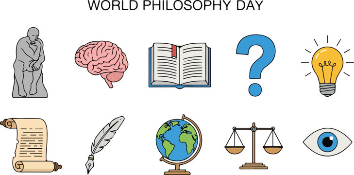 World Philosophy Day celebration icons a collection of symbols representing knowledge, thinking, and inquiry