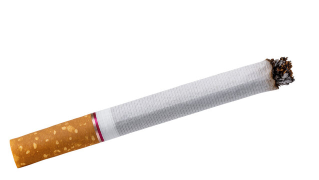Lit brown cigarette with ash and white paper wrapper