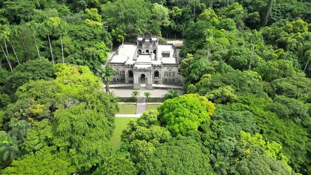 Aerial view of Parque Lage mansion surrounded by lush Atlantic Forest in Rio de Janeiro, Brazil