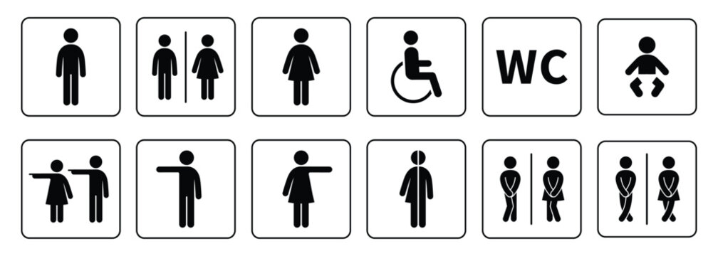 Comprehensive set of restroom and toilet icons including male, female, unisex, disabled access, baby changing room, WC sign, and directional symbols. Clean minimalist pictograms with some playful and 