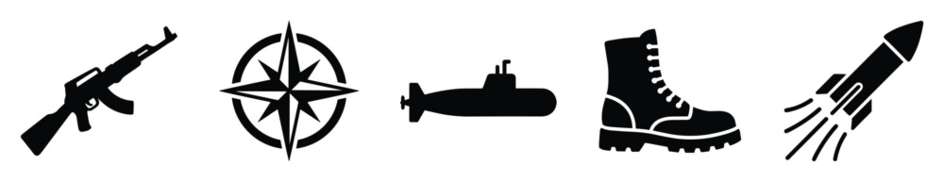 Essential military equipment and navigation icons depicted as strong black silhouettes including a rifle, compass, submarine, army boot, and flying rocket, suitable for various defense