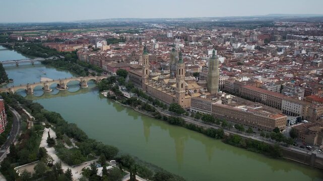 Drone footage of Zaragoza's river and cityscape in Spain. High quality 4k footage