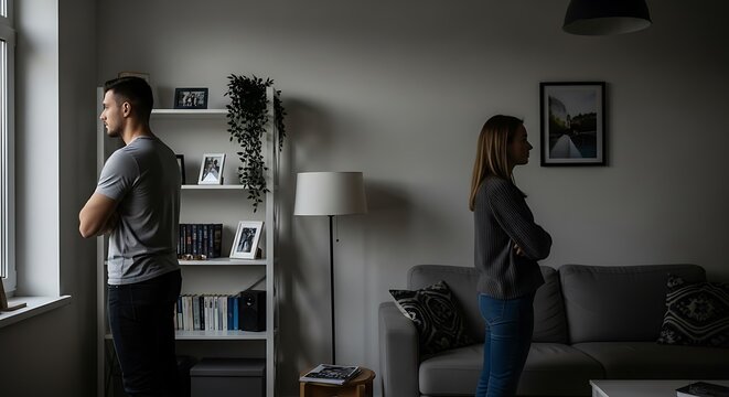 Couple in a modern living room, facing away from each other, showing a tense atmosphere