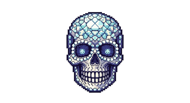 Intricate Pixel Art Sugar Skull with Diamond Embellishments.