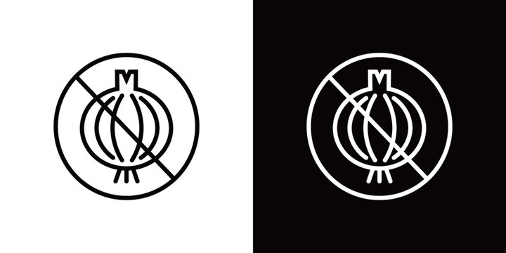 玉ねぎNGのアイコン。オリエンタルヴィーガンや犬猫飼育の禁忌。白黒ベクターイラスト