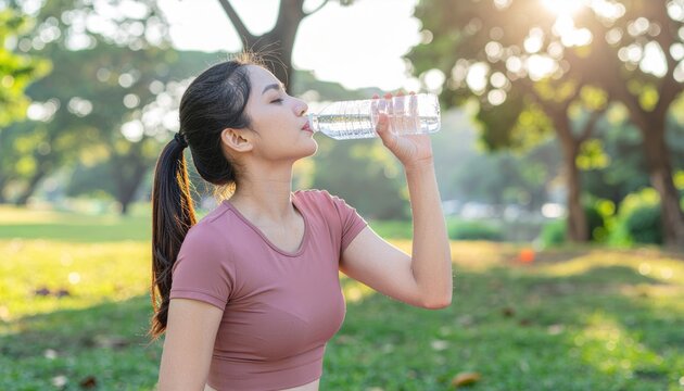 Woman drinks water in park.