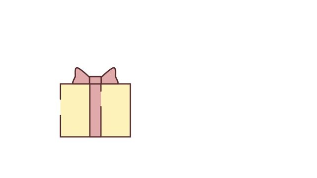 A yellow gift box with a red ribbon. Surprise, gift, holiday occasion, romantic date, courtship. The object is not centered. The box grows, and the bow on the box grows. 2D flat animation for banners