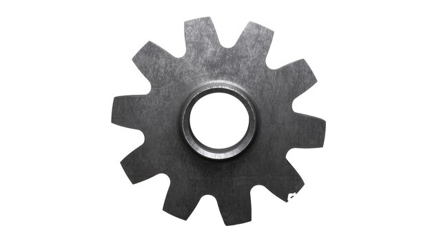 Worn metallic gear with central aperture and textured teeth