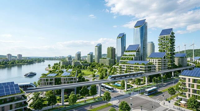 Modern Eco-Friendly City Skyline with Green Architecture and River