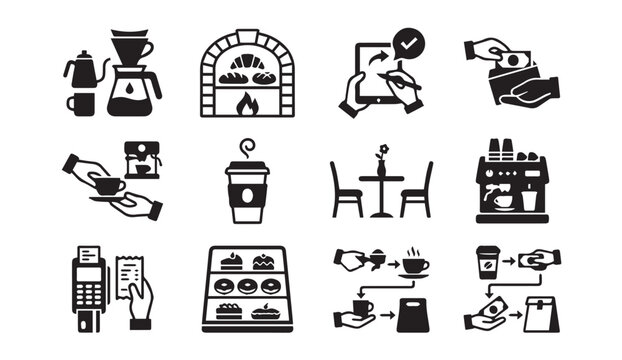 Cafe and bakery icons coffee pastries ordering with restaurant, takeaway