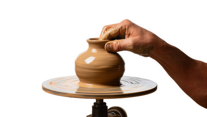 Clay vase forming on potter s wheel with artisan s hands
