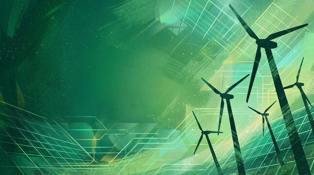 Green Energy Landscape with Turbines and Solar Elements in CGI