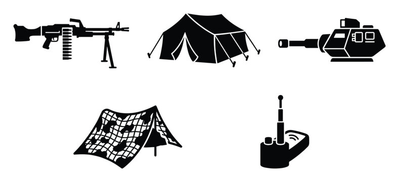 Comprehensive collection of essential military and tactical equipment including machine gun, tent, weapon system, camouflage net, and radio, ideal for defense strategy visuals and survival