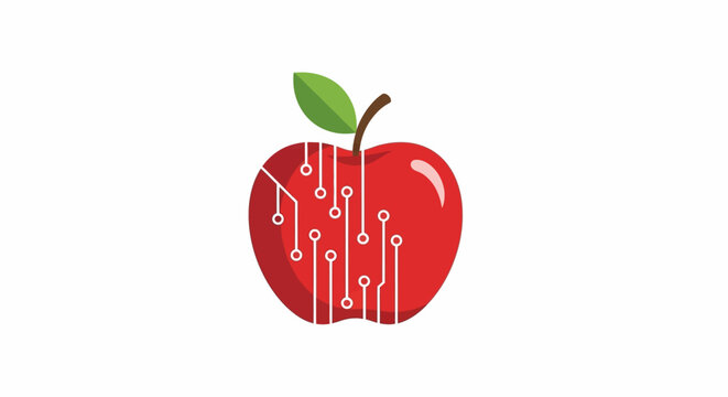 A red apple with circuit board design.