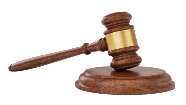 Wooden gavel with brass band resting on wooden base