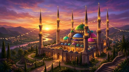 Naklejka premium A serene mosque with colorful domes and towering spires stands majestically at sunset, surrounded by lush greenery and a serene body of water
