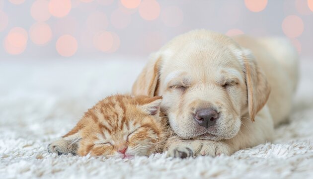 Kitten and puppy sleep together.