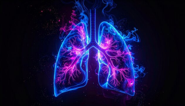 "Stylized neon human lungs with branching bronchi, glowing blue and pink tones, dark background, artistic anatomy visualization."