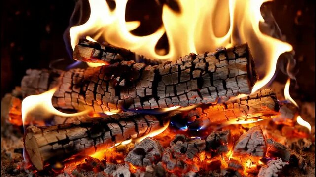 Macro shot of crackling wood textures as the fire slowly consumes the logs