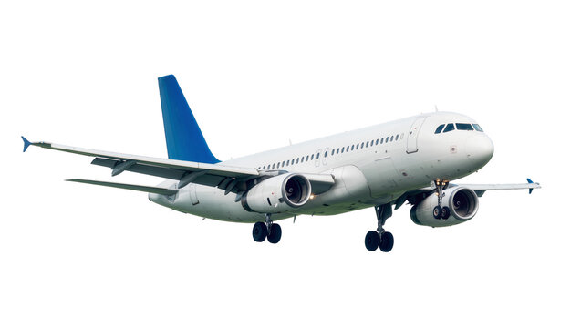 White passenger airplane with blue vertical stabilizer in flight