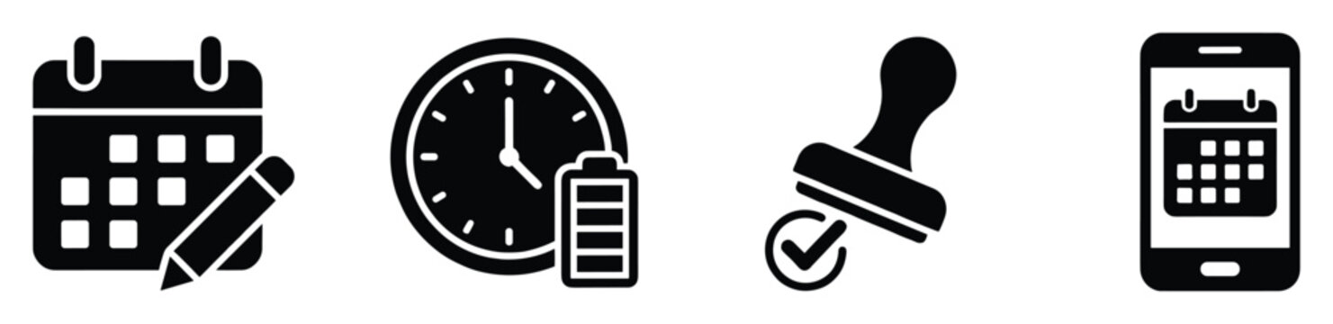 Set of essential business and productivity icons featuring calendar scheduling, time management with battery life, approval stamp, and mobile appointment planning for effective organization.