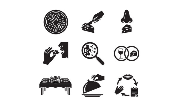 Food tasting process icons set with magnifying appetizer delicious digestive