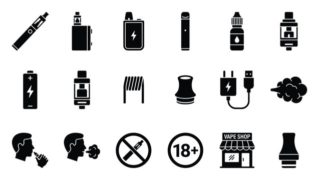 Comprehensive collection of vape device icons and related symbols essential for digital applications, informational graphics, or shop signage