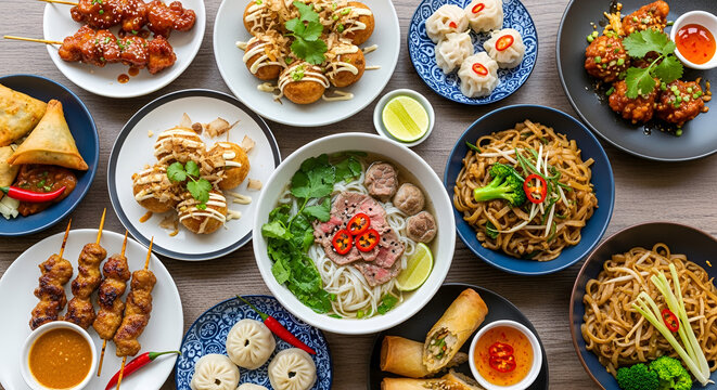 Variety of Asian dishes on table.