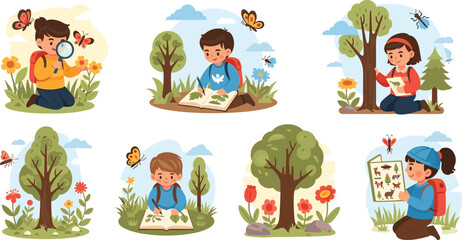 Fototapeta premium Children Exploring Nature with Magnifying Glass, Plants, and Animals Vector Illustration for Outdoor, Education, and Adventure Designs