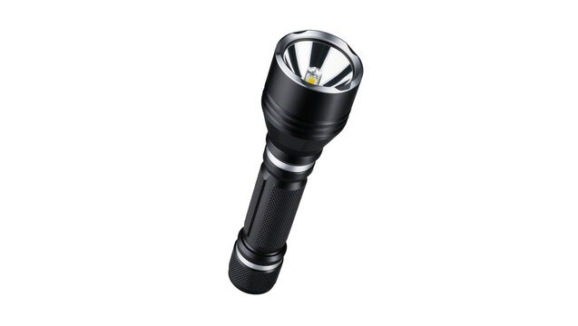 Black metallic tactical flashlight with textured grip and bright LED light