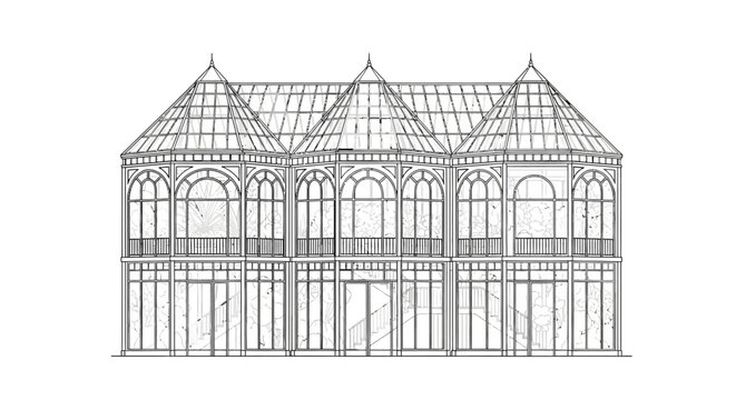 An architectural rendering showcases a detailed ornate victorian era greenhouse with multiple gabled roofs and arched windows a striking silhouette high quality professional modern