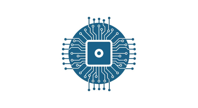 Blue circuit board icon with microchip.