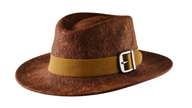 Brown felt fedora hat with gold buckle and ribbon detail