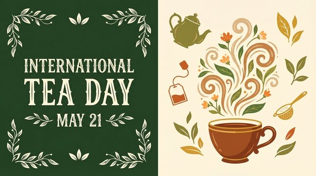 International Tea Day celebration poster with steaming teacup and fresh tea leaves on May 21