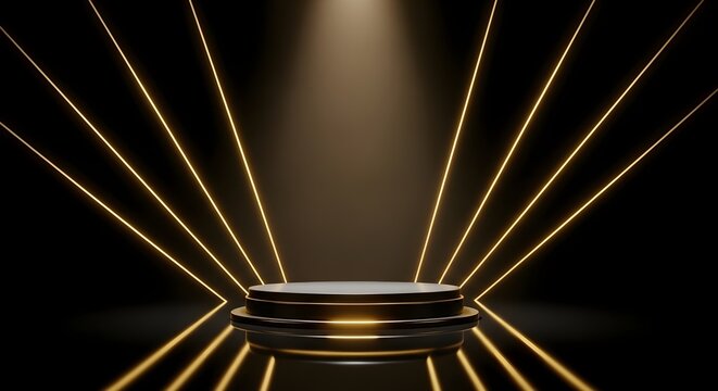 Ultra Realistic Black Luxury Podium with Golden Light Beams and Spotlight Jpeg Image.