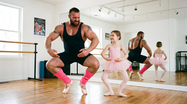 Large muscular bodybuilder man in a black leotard and pink leg warmers practicing ballet with a little girl in a dance studio.