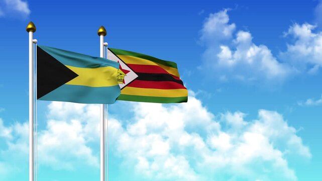 Waving flags of BAHAMAS and ZIMBABWE on pole included with alpha