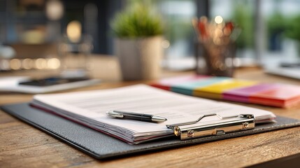 Fototapeta premium Close-up of a Professional Clipboard with Documents and Pen on Office Desk