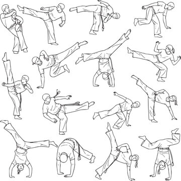 Capoeira martial arts line art set, Brazilian dance fighting silhouettes in EPS format, traditional Afro-Brazilian combat sport poses and movements