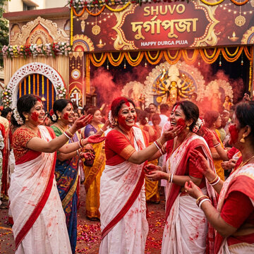Women celebrating Sindoor Khela during Durga Puja in traditional white and red sarees