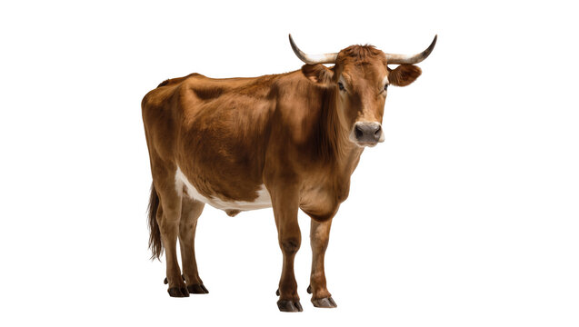 Brown horned cow standing facing forward with udder visible