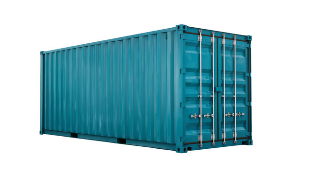 Blue Steel Shipping Container with Locking Mechanisms and Vertical Ribbing